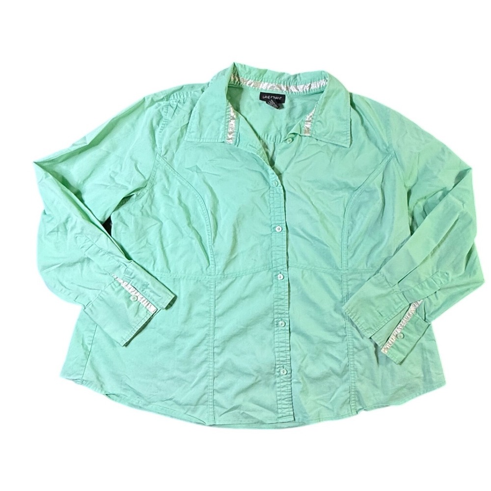 Lane Bryant Women Sz 18‎ 20 Light Green Collared Button Front Shirt Top Cotton